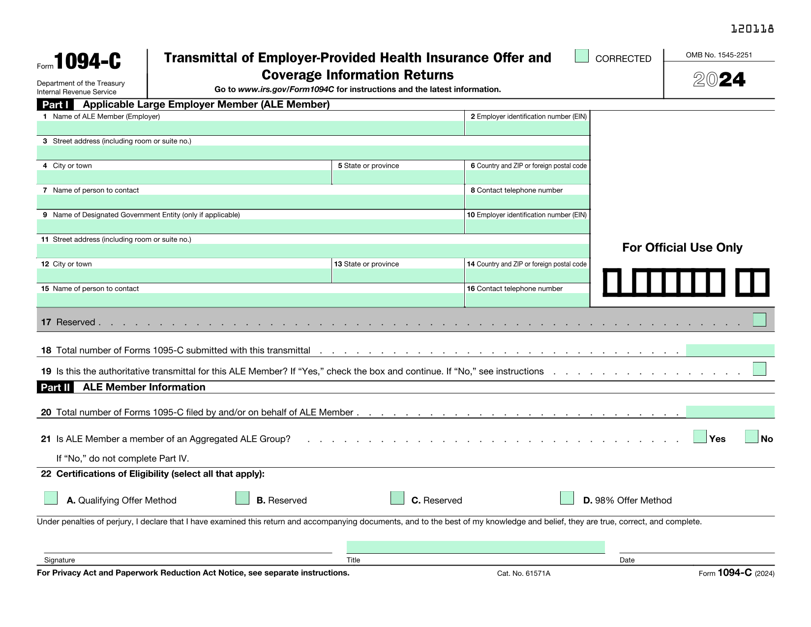 Employer Provided Health Insurance Offer Coverage Information Returns (Form 1094 C) screenshot