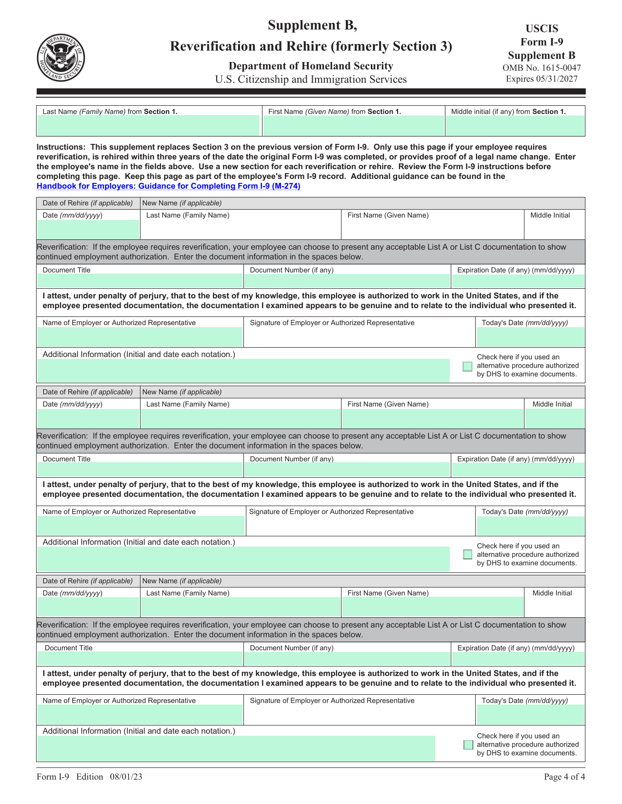 Form I 9 Supplement B (Reverification Rehire) screenshot
