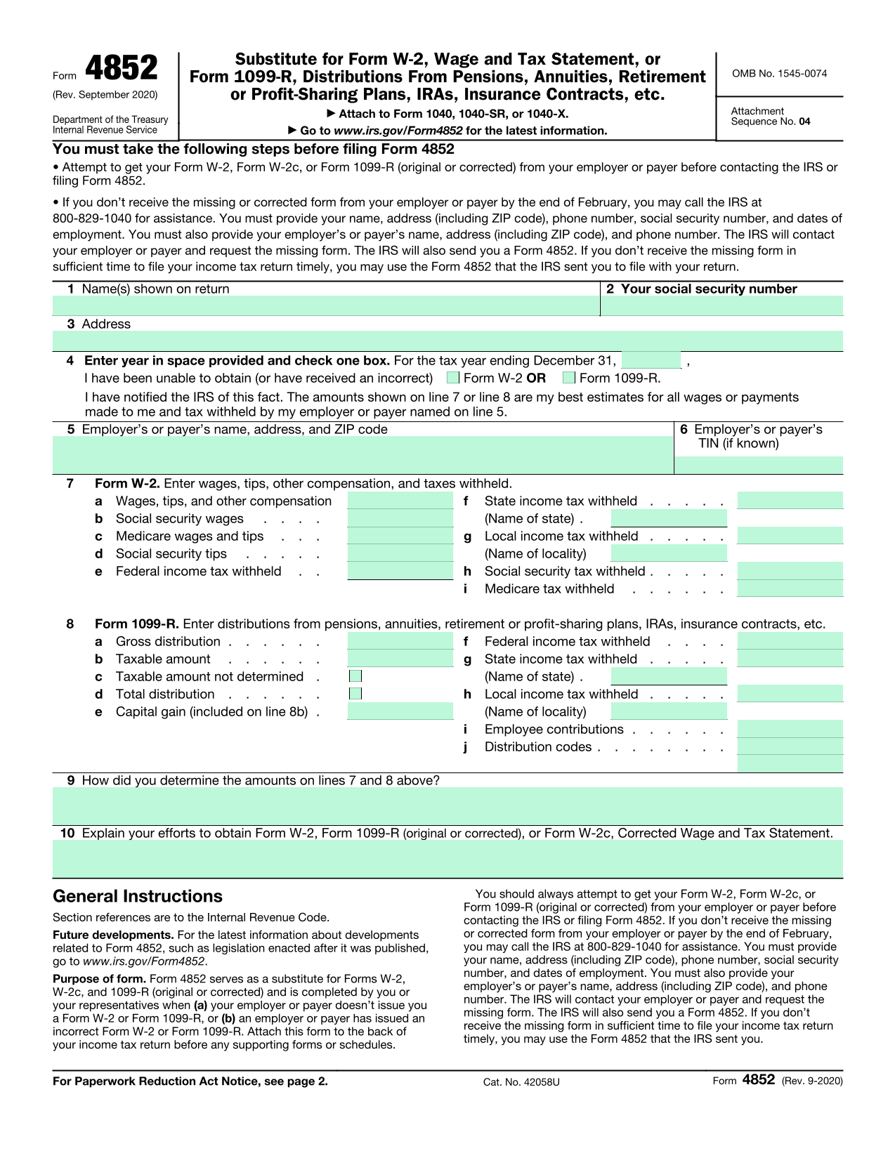 Substitute For Missing Wage Tax Statement (Form 4852) screenshot